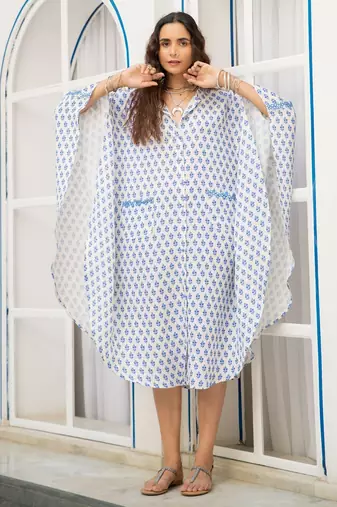 Blue white floral embroidered pure cotton shirt kaftan