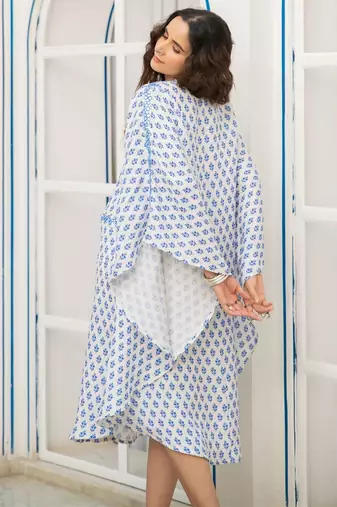 Blue white floral embroidered pure cotton shirt kaftan