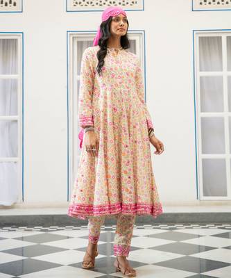 Multicolour embroidered satin kali kurta set with dupatta 1