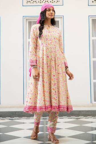 Multicolour embroidered satin kali kurta set with dupatta