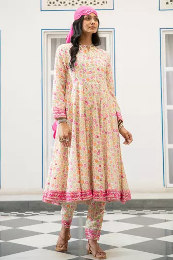 Multicolour embroidered satin kali kurta set with dupatta