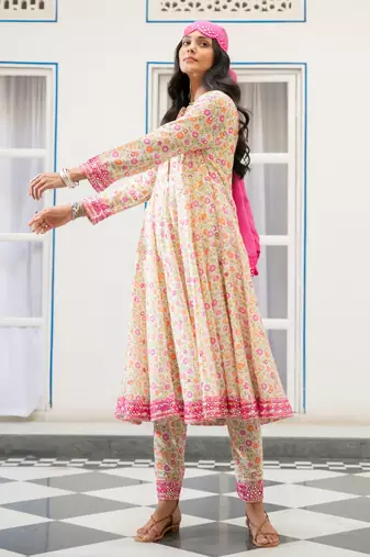 Multicolour embroidered satin kali kurta set with dupatta