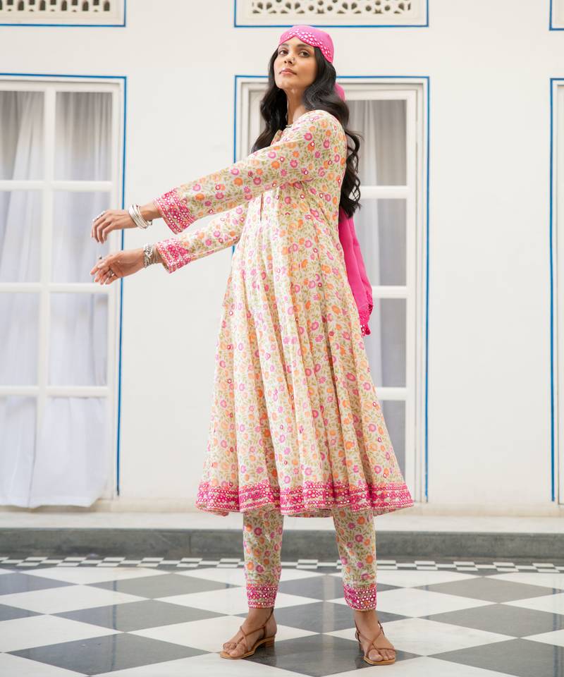 Multicolour embroidered satin kali kurta set with dupatta