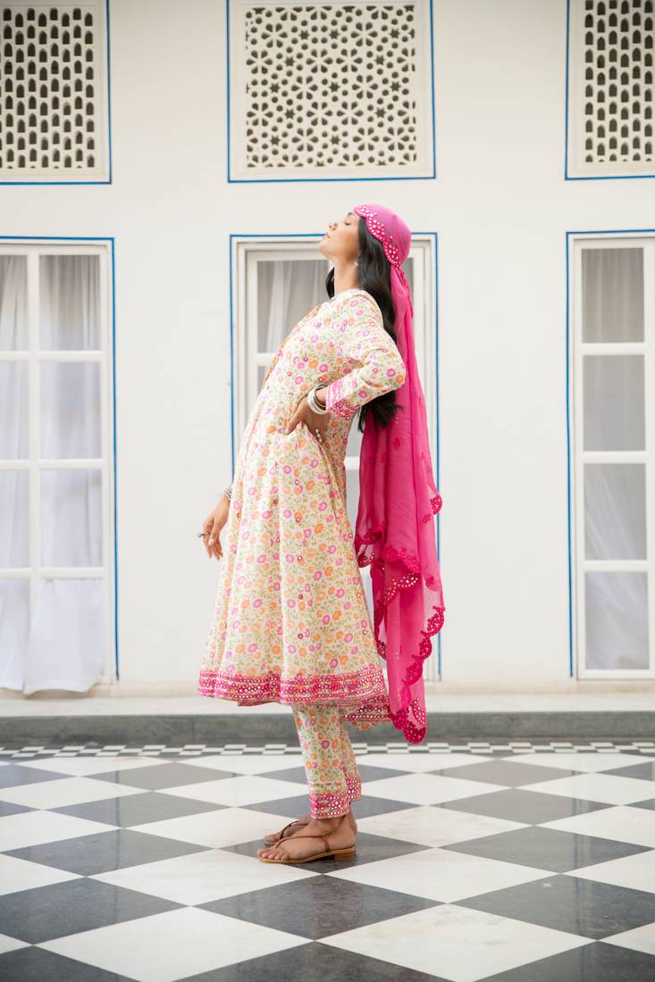 Multicolour embroidered satin kali kurta set with dupatta