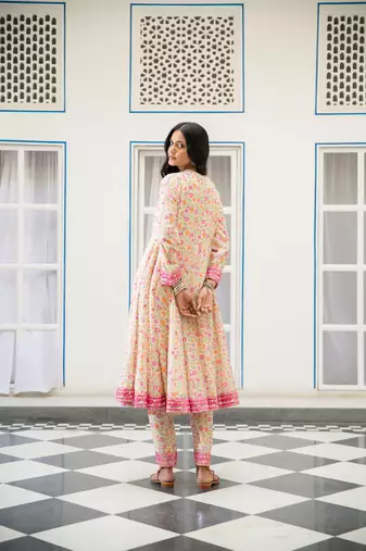 Multicolour embroidered satin kali kurta set with dupatta