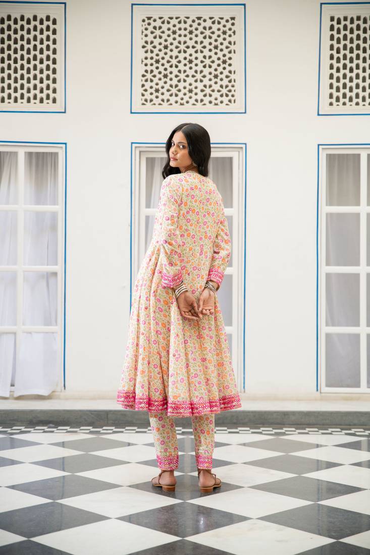 Multicolour embroidered satin kali kurta set with dupatta