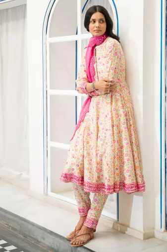 Multicolour embroidered satin kali kurta set with dupatta