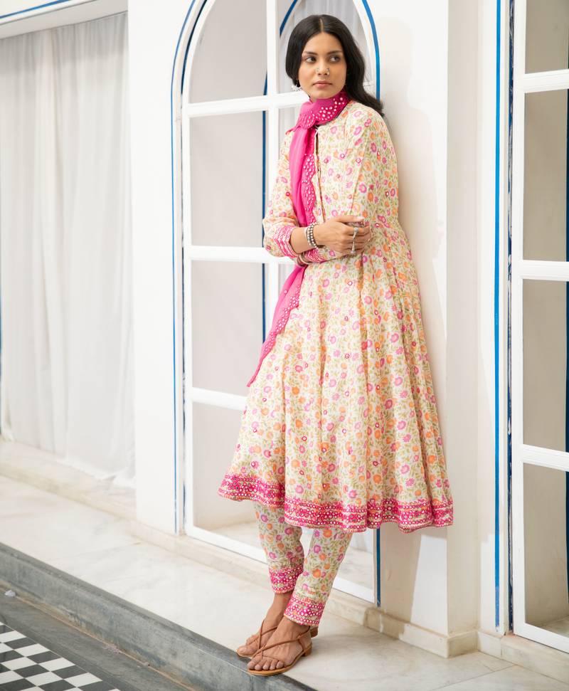 Multicolour embroidered satin kali kurta set with dupatta