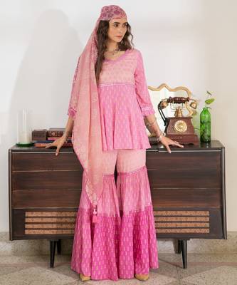 Pink embroidered pure cotton sharara dupatta set 1