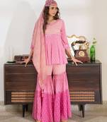 Pink embroidered pure cotton sharara dupatta set