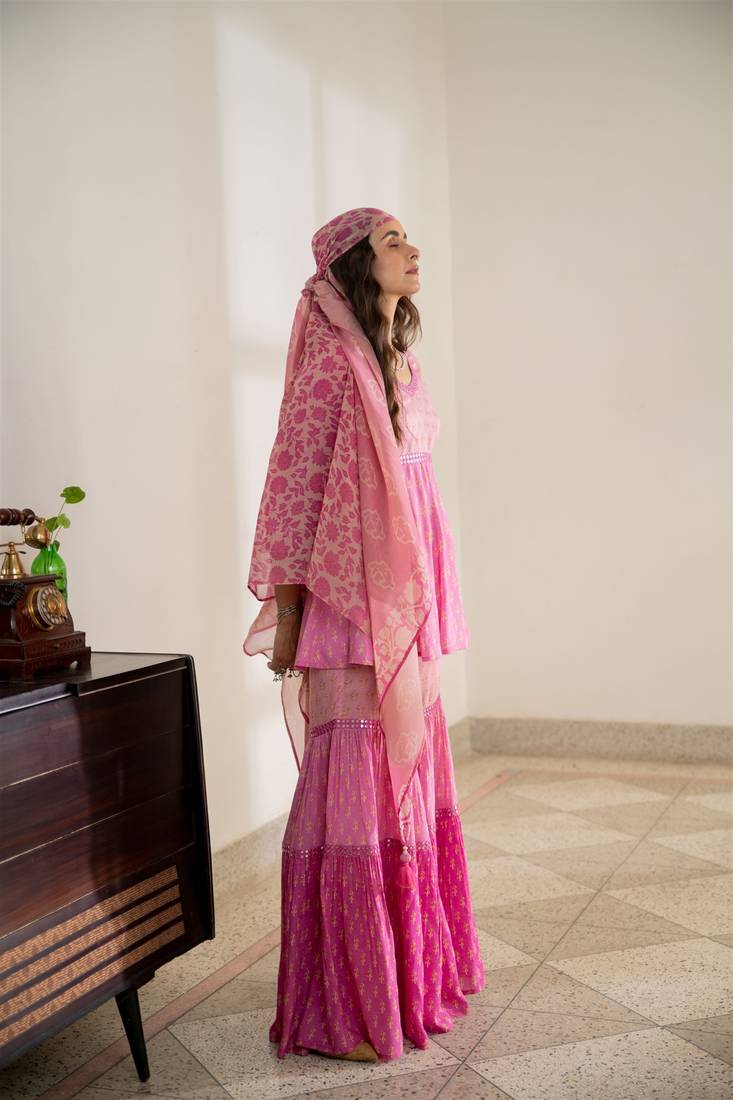 Pink embroidered pure cotton sharara dupatta set