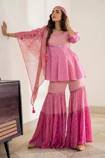 Pink embroidered pure cotton sharara dupatta set