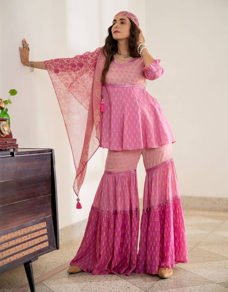 Pink embroidered pure cotton sharara dupatta set