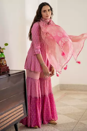 Pink embroidered pure cotton sharara dupatta set