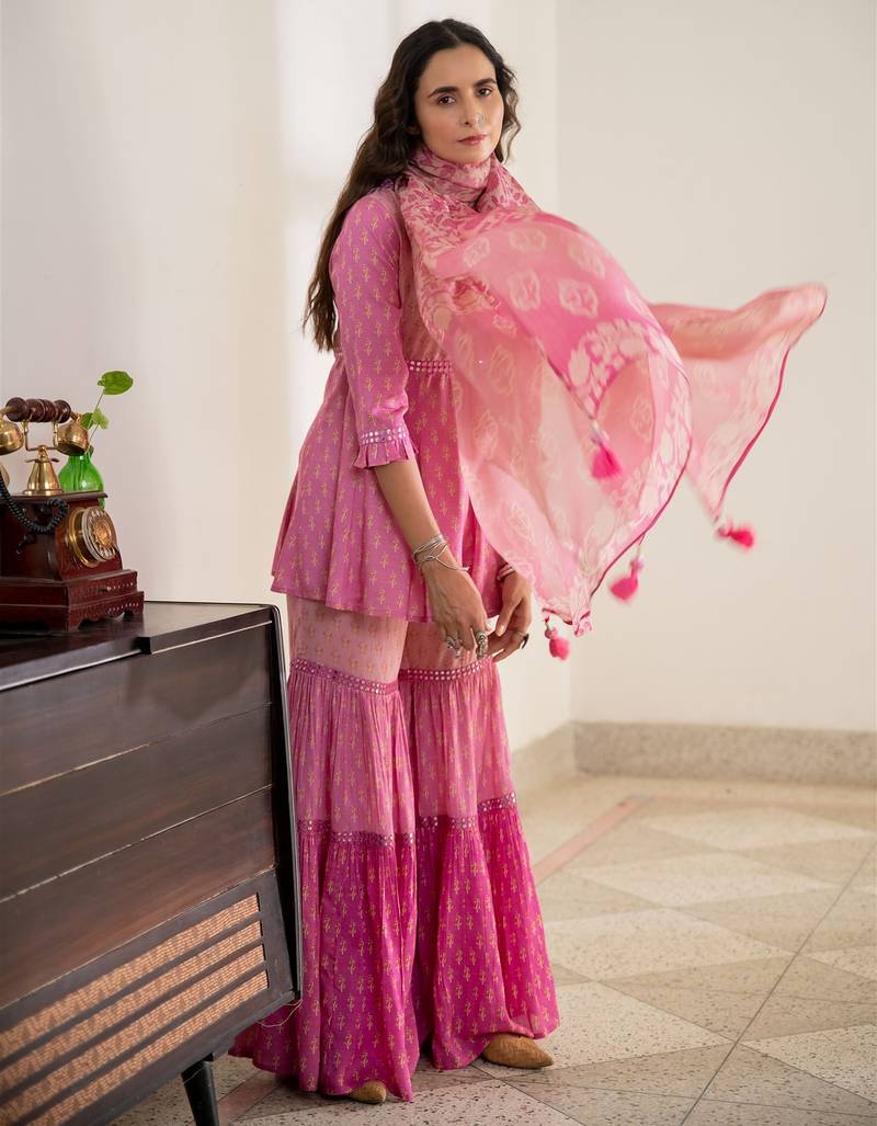 Pink embroidered pure cotton sharara dupatta set