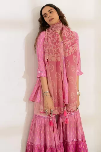 Pink embroidered pure cotton sharara dupatta set