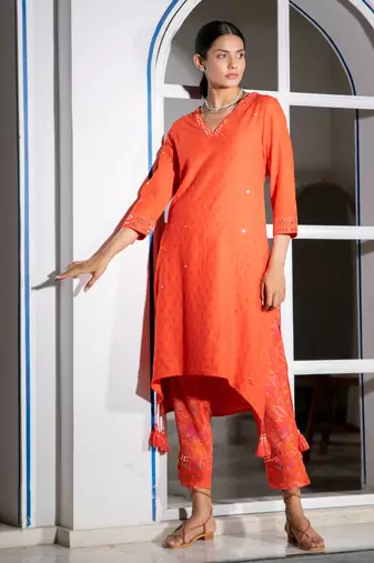 Orange embroidered pure cotton kurta set