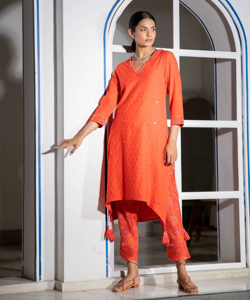 Orange embroidered pure cotton kurta set