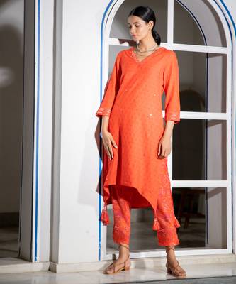 Orange embroidered pure cotton kurta set 2