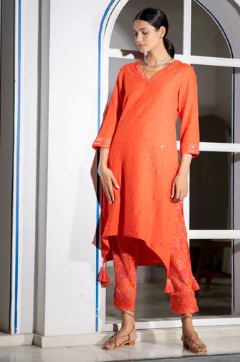 Orange embroidered pure cotton kurta set
