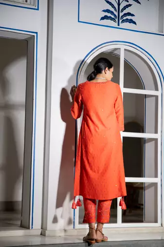 Orange embroidered pure cotton kurta set