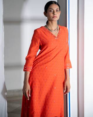 Orange embroidered pure cotton kurta set 5