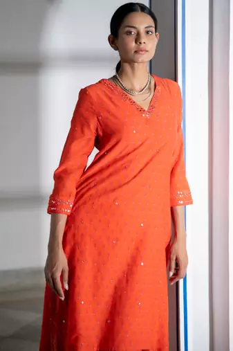 Orange embroidered pure cotton kurta set