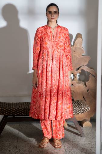 Orange embroidered satin kali kurta set