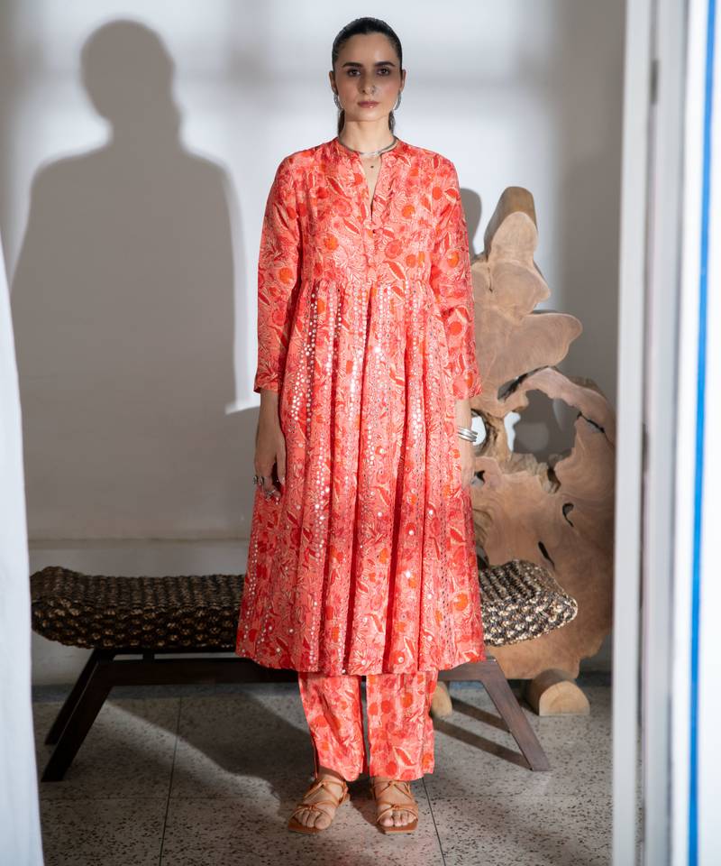 Orange embroidered satin kali kurta set