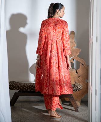 Orange embroidered satin kali kurta set 2