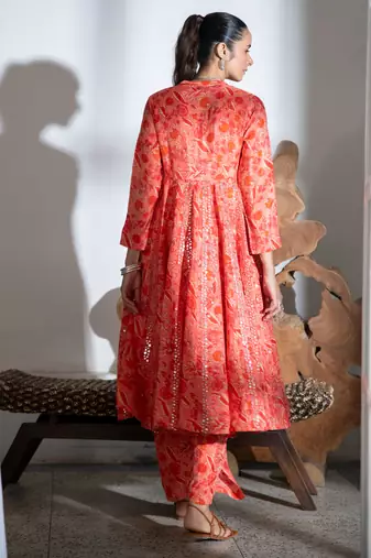 Orange embroidered satin kali kurta set