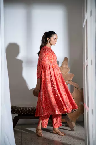 Orange embroidered satin kali kurta set