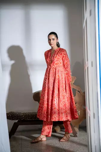 Orange embroidered satin kali kurta set