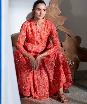 Orange embroidered satin kali kurta set 5