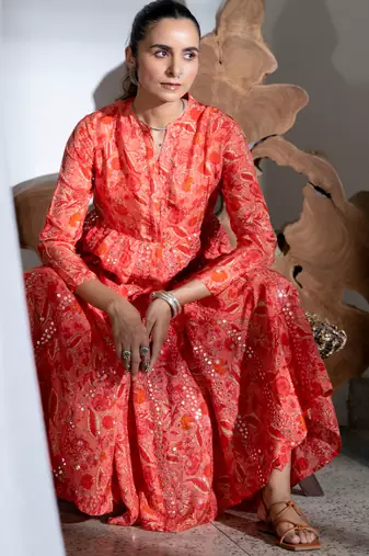 Orange embroidered satin kali kurta set