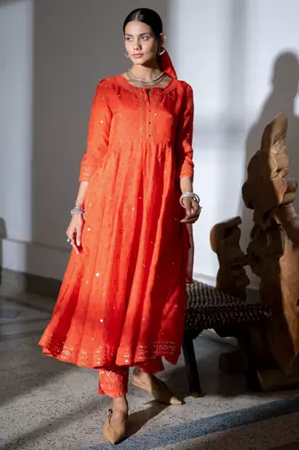 Orange embroidered satin anarkali kurta set with dupatta
