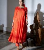 Orange embroidered satin anarkali kurta set with dupatta