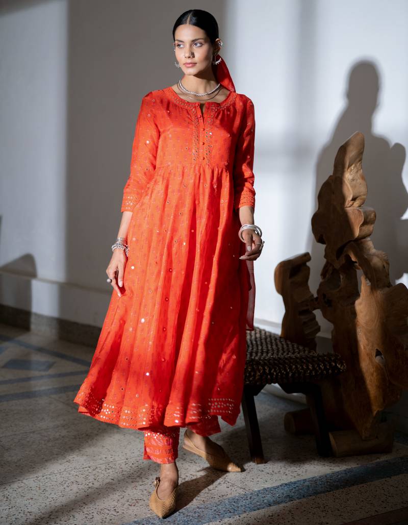 Orange embroidered satin anarkali kurta set with dupatta