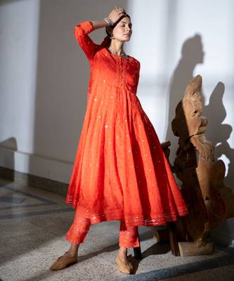 Orange embroidered satin anarkali kurta set with dupatta 2