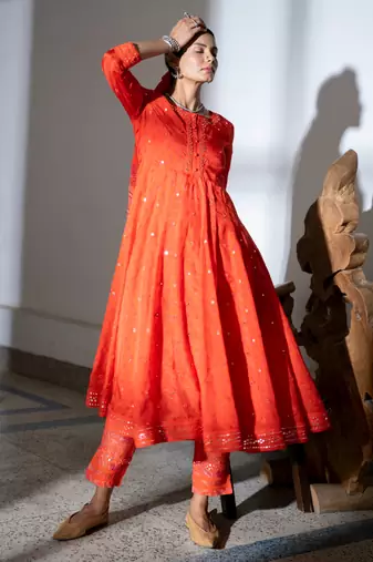 Orange embroidered satin anarkali kurta set with dupatta