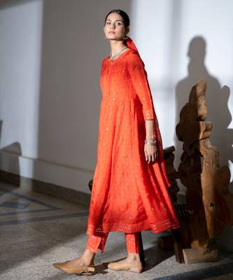 Orange embroidered satin anarkali kurta set with dupatta 3