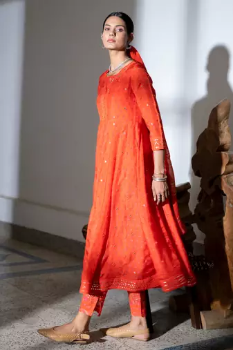 Orange embroidered satin anarkali kurta set with dupatta