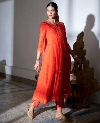 Orange embroidered satin anarkali kurta set with dupatta 4