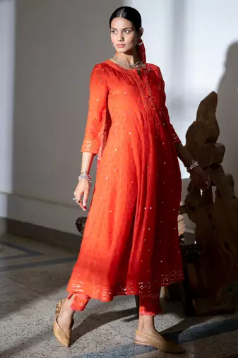 Orange embroidered satin anarkali kurta set with dupatta