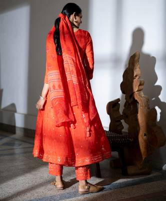 Orange embroidered satin anarkali kurta set with dupatta 5