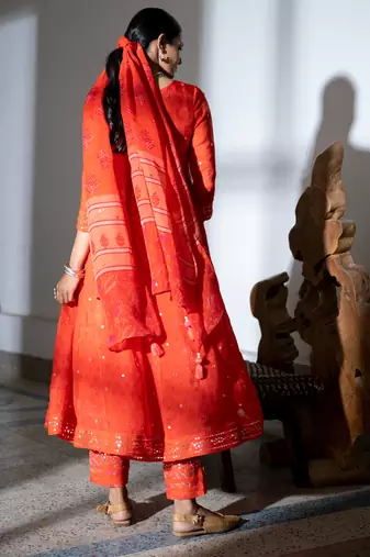 Orange embroidered satin anarkali kurta set with dupatta
