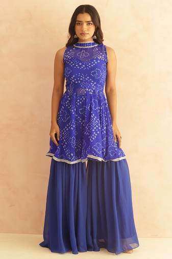 Krisha blue bandhej sharara coord set