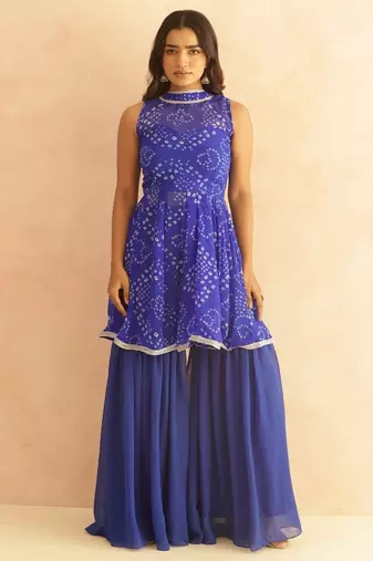 Krisha blue bandhej sharara coord set