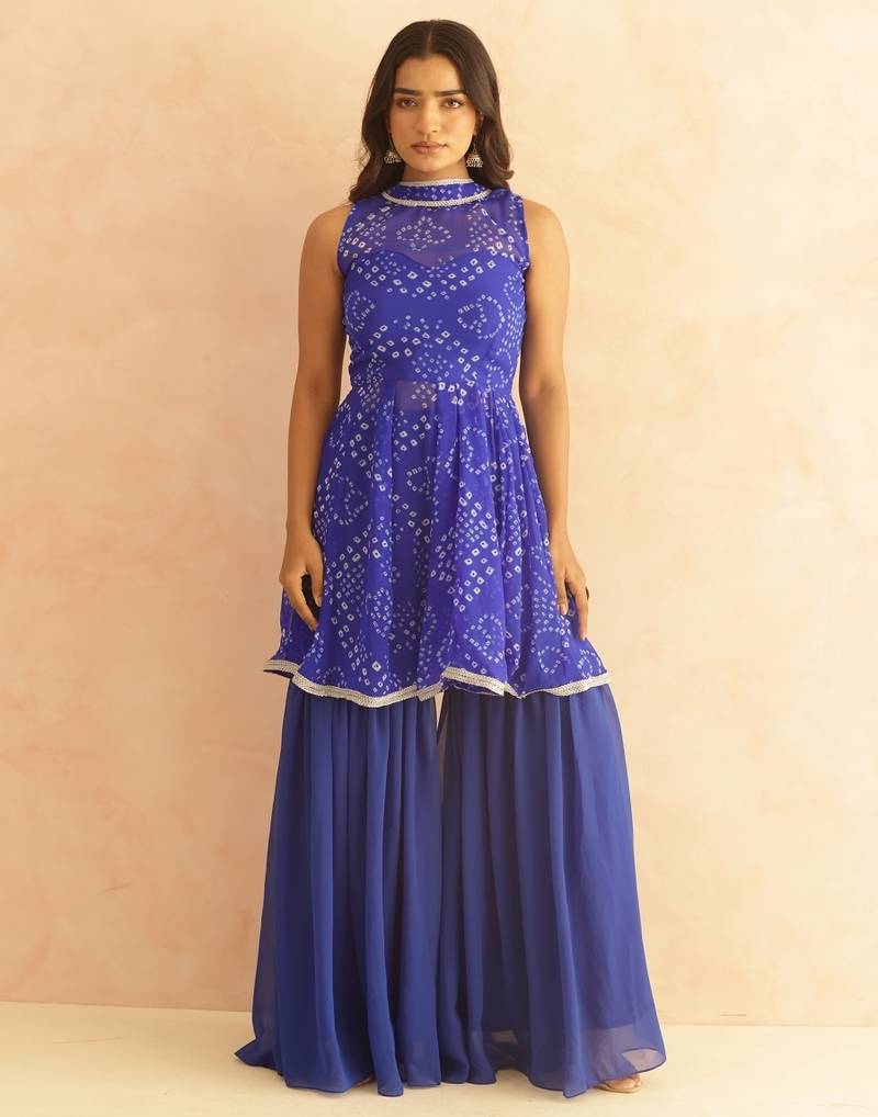 Krisha blue bandhej sharara coord set