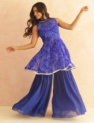 Krisha blue bandhej sharara coord set 2